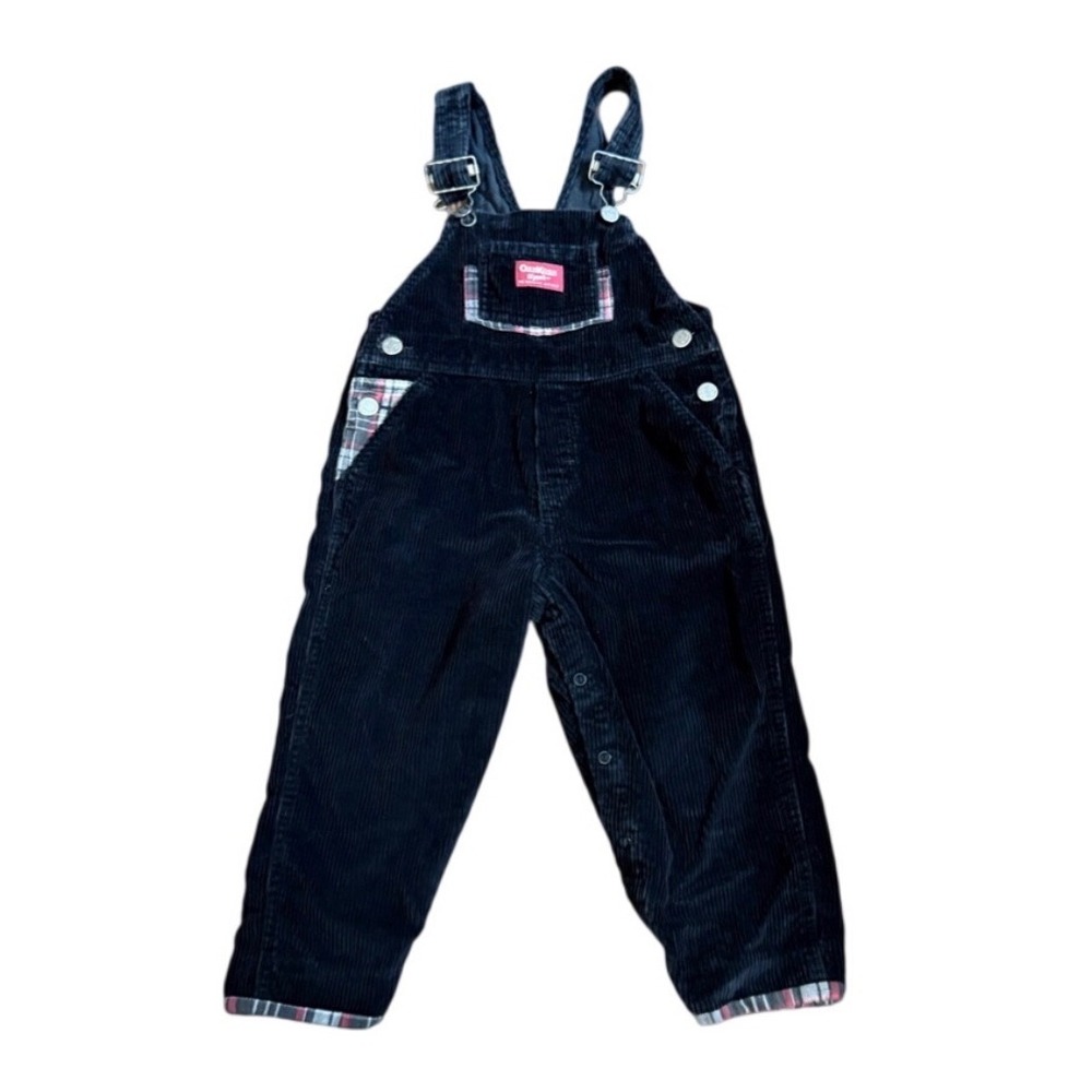 Vintage OshKosh B'gosh Black Corduroy Plaid Flannel Trim Overalls 3T Kids